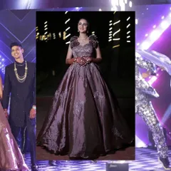 This collage captures the vibrant energy of a Sangeet celebration. It showcases the couple's grand entrance, the festive atmosphere with stage performers, and the beautiful details of their outfits.