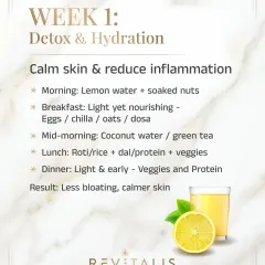 Week 1 is all about detox and hydration. The goal is to calm inflammation and reduce bloating by focusing on light, nourishing meals like dosa or oats for breakfast and a balanced lunch. This initial phase helps reset your system for calmer, clearer skin.