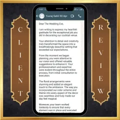 A detailed and heartfelt review from a client, praising my team's attention to detail, creativity, and professionalism.