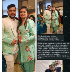 Nothing makes me happier than seeing my clients shine. I designed these matching mint green outfits for Neelam and Sanjay, complete with vibrant floral handwork. Their wonderful feedback in the screenshot shows exactly what I aim for: creating outfits that exceed expectations and make you feel amazing.