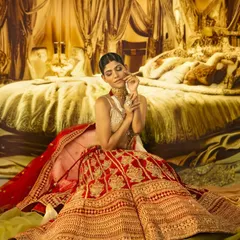 A moment of regal grace. I used a projected backdrop of a luxurious, golden bedroom to create an atmosphere of opulence that complements this stunning bridal lehenga.