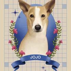 Meet Jojo. For this digital illustration, I chose a bright blue theme to make his portrait pop. The combination of a patterned background and a custom name banner gives it a charming, bespoke feel.