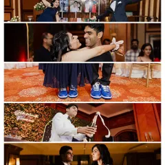 A collage of unforgettable moments from a wedding celebration. It shows the couple's fun side with matching shoes, the joy of popping champagne, and the high energy of the Sangeet party.