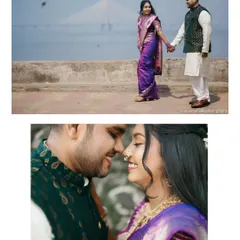 An iconic Mumbai engagement shoot, with the Bandra-Worli Sea Link in the background. This photo combines the couple's traditional look with a modern, recognizable cityscape.