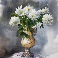 This watercolor painting of white flowers in a metallic vase was a demonstration for my floral class. I focused on the delicate petals of the flowers and the complex reflections on the ornate vase.