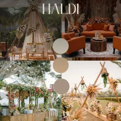 A "Boho Aegean" Haldi concept. This mood board focuses on earthy tones, pampas grass, and rustic wooden elements to create a chic, relaxed, and free-spirited vibe.