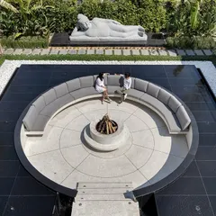 An aerial view of the sunken fire pit at the Ananda residence. This unique feature is the centerpiece of the courtyard, offering a perfect spot for conversations under the open sky, day or night.