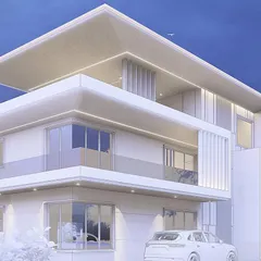 A 'clay render' of a 600 sq. yard residence. This monochrome visualization style is used during the design process to study the building's form, massing, and light-shadow interplay without the distraction of color or material.