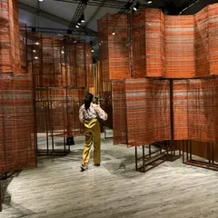 This walkthrough installation explores the dialogue between tradition and industry. We meticulously hand-wove copper wires on a loom in our studio, creating a flowing, multi-dimensional sculpture. The metallic surface acts like a gleaming river, reflecting India's rich history while embracing a contemporary aesthetic.