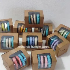 Small boxes of my assorted eggless macarons make for perfect party favors or return gifts. Each box contains a colorful selection of different flavors.