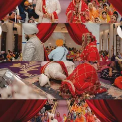 A collage showing the sacred Anand Karaj ceremony. We focus on capturing the reverence of the moments, from bowing before the Guru Granth Sahib to the gathering of the Sangat.