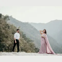Taking love stories to new heights in the serene landscape of Rishikesh. We work with couples to find stunning backdrops for their pre-wedding shoots, creating images that are both epic and deeply personal, like this moment with Ruchi and Shubham against the mountains.