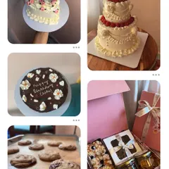 This collage shows the range of my baking, from a vintage heart cake and a tiered cake to a chocolate floral cake, cookies, and a gift hamper.