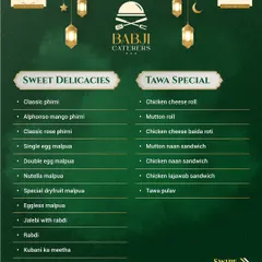 Our menu of Sweet Delicacies and Tawa Specials. Whether you're craving a classic Malpua or a savory Mutton Naan Sandwich, we have something for you on our live tawa counter.