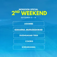 Here's what's planned for the 2nd weekend of September. We're heading to Agumbe, Gokarna, Dudhsagar, Coorg, and Kodaikanal.