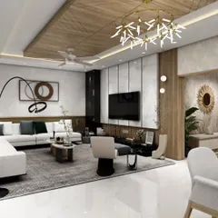 A wide view of a modern living room featuring a statement chandelier and a sleek TV unit with marble-finish panels. We focus on creating a balanced composition with comfortable seating and elegant decor for a luxurious feel.