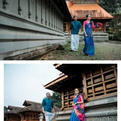 A collage showing the couple walking and posing at a heritage location. This showcases the blend of candid and posed shots I provide during a pre-wedding photography session.
