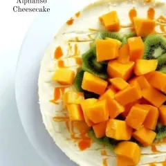 My Alphonso Cheesecake is a seasonal best-seller. This one is topped with fresh kiwi and generous chunks of sweet Alphonso mango for a tropical treat.