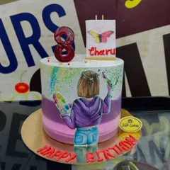 A creative 3kg cake for an artist, featuring an edible painting of a girl with her palette and easel.