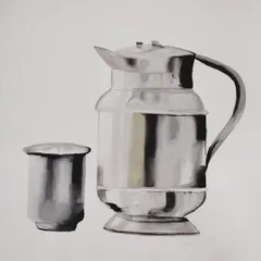 Another student's work on the steel jug and glass still life. This exercise is crucial for the elementary drawing exam and teaches control over poster colors.