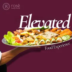 "Elevated Food Experience." A server's arm presents a platter of food, symbolizing our role in lifting your event from a simple meal to a memorable culinary journey.