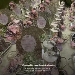 An overhead view of multiple baby announcement hampers prepared for a celebration. This image highlights the consistency and attention to detail across a large order, with each hamper featuring silver-plated items and lavender floral accents.