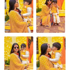 A heartwarming photo collage capturing tender moments between a mother and her son during a Haldi ceremony. These candid shots celebrate family love and connection amidst the wedding festivities.