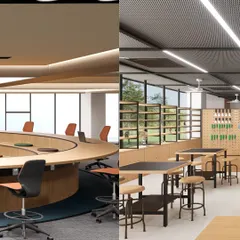 A look inside the adaptable learning spaces at Heritage Xperiential Learning School. On the right, a maker's lab with flexible furniture supports hands-on projects, while the conference room on the left is equipped for formal discussions.