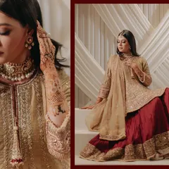 A diptych showcasing the bride's stunning Sufi-inspired outfit. These portraits capture the rich details of her attire, from the intricate embroidery to the graceful fall of the fabric.