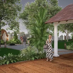 This view of the Nilaya Residence showcases the harmonious integration of the home with its one-acre property. The design preserves existing coconut trees and uses the classic columns of the house to frame the landscape, creating a seamless blend of architecture and nature.