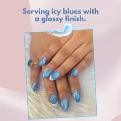 Serving icy blues with a glossy finish. This cool design features a glittery blue base with clean, white swirl accents for a look that stands out.