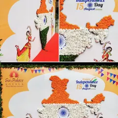 A patriotic floral installation of the map of India, created for an Independence Day celebration at Sai Palace Hotels. This custom piece, made entirely of flowers, served as a unique and meaningful photo backdrop.