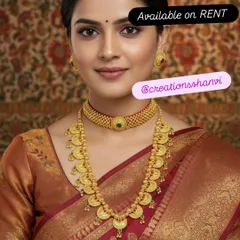 For a timeless and traditional look, my Maharashtrian jewellery collection is perfect. This set features a classic Thushi choker and a matching long haar, designed to complement a traditional Paithani saree beautifully.