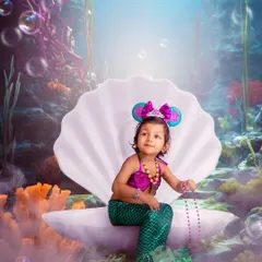 A little mermaid sitting on her seashell throne. This underwater fantasy theme is created with a beautiful backdrop and creative editing.