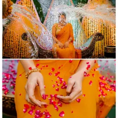 A vibrant collage from a Haldi ceremony. The top frame captures the splash of holy water, while the bottom shows a close-up of the bride's hands with rose petals.