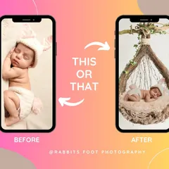 My editing can add props and change the entire setting. Here, a simple photo of a sleeping newborn is transformed into a beautiful portrait in a rustic hanging nest, all done digitally.