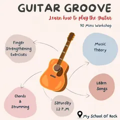 An infographic detailing what you'll learn in our 'Guitar Groove' workshop. We cover finger strengthening, music theory, chords, strumming, and learning your first song in 90 minutes.