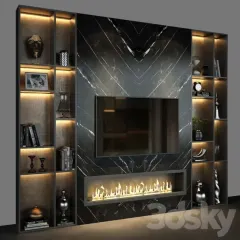 This bold and masculine design features a black marble media wall with an integrated electric fireplace. The unit is flanked by floor-to-ceiling shelving with built-in lighting, perfect for displaying books and collectibles.