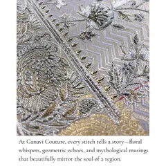 At Ganavi Couture, every stitch tells a story. This image showcases a close-up of my embroidery, where floral whispers, geometric echoes, and mythological musings come together to mirror the soul of a region.