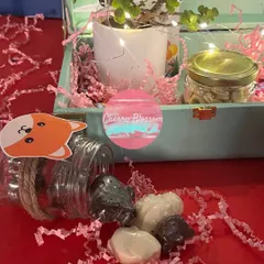 These jungle-themed luxury return gifts travelled to a destination birthday in Jim Corbett. The leatherette trunk box contained a jade plant, a jungle-themed mug, nuts, and our special animal-shaped handmade chocolates.