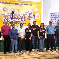 Our coaching staff with officials at the CBSE Cluster IX Volleyball Tournament. We partner with educational institutions to elevate their sports programs and manage competitive events.