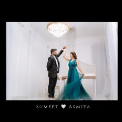 A romantic shot of a couple dancing in a beautiful white room, their names elegantly written to mark their pre-wedding story.