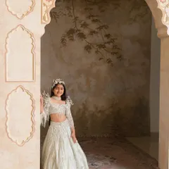 This full length view showcases the elegant fall of the lehenga skirt, designed for both beauty and comfort.