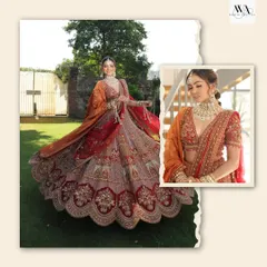 A collage showing the full view and a close-up of our royal bridal lehenga. You can see the detailed handwork on the blouse and the magnificent flare of the skirt.