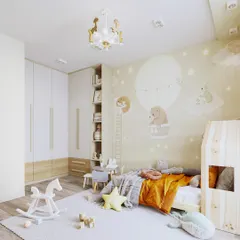 A full view of the child's room, showing the integrated wardrobe, play area, and sleeping nook, all tied together with a soft, neutral color palette.