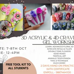 My 2-day workshop on 3D Acrylic and 4D Carving Gel is packed with techniques. You'll learn everything from floral designs and tropical art to cute teddy bears, and you get a free tool kit.
