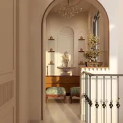 A duplicate of image 97, showing the tranquil and beautifully framed puja space.