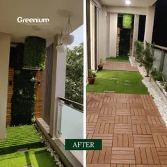 A side-by-side comparison of this balcony's journey. We combined durable wooden deck tiles with soft artificial grass and a custom vertical garden to create a space with distinct zones for relaxation and style.