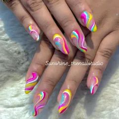 A vibrant and abstract design. I used a freehand technique to create these colorful swirls in pink, yellow, blue, and white on a clear base.