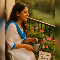 A happy client enjoying her new balcony garden. My goal is to create spaces that bring joy. This setup includes a mix of flowering plants like geraniums, providing color and life to a small urban balcony, making it a favorite spot for a morning cup of tea.